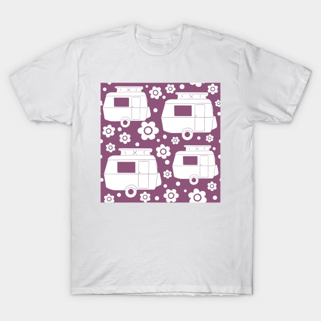 Daisy Polka Dot Vintage Caravan Pattern in Purple and White T-Shirt by NattyDesigns